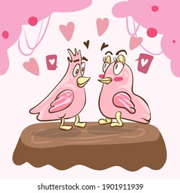 Romantic greeting card with two birds. Vector Illustration of cute loving couple. Card about friendship and love. Valentine s Day card, poster or print template.