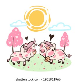 Romantische Grußkarte mit zwei Kühen. Vektorgrafik eines süßen liebevollen Paares. Karte über Freundschaft und Liebe. Valentinstag-Karte, Poster oder Druckvorlage.