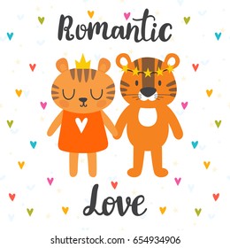 Romantic greeting card with two cute tigers. Hand drawn lettering. Postcard with cute cartoon animals. Valentine's day. Vector illustration