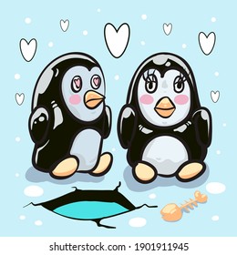 Romantic greeting card with two penguins. Vector Illustration of cute loving couple. Card about friendship and love. Valentine s Day card, poster or print template.