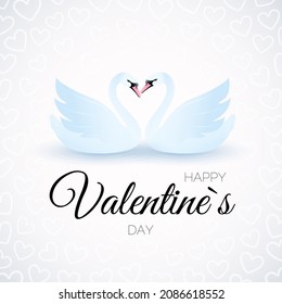 Romantic Greeting Card. Two Swans on Water. Text Happy Valentines Day. Light Background with Shiny Hearts. Wedding Design. Vector Illustration.