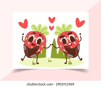 Romantic greeting card with two vegetables. Vector Illustration of cute loving couple. Card about friendship and love. Valentine's Day card, poster or print template.