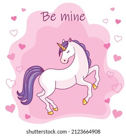 romantic greeting card with a unicorn, hearts, and the inscription be mine