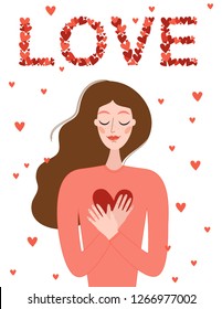 Romantic greeting card for valentine's day, womans day and wedding. Vector girl character in love holding heart in her hands. Woman cute character with long black hair and red lips.