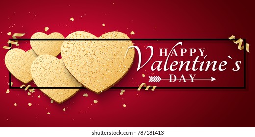 Romantic greeting card for Valentines Day. Golden hearts of glitters. Luxury card for Valentines day. Gold ribbons and confetti. Romantic banner. Black frame with white text. Vector illustration.