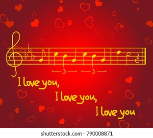 Romantic greeting card for Valentine's Day with heart shapes, music notes of the song "Michelle" and words "I love you", vector illustration