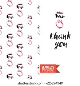 Romantic greeting card for wedding, bridal shower, hen-party. Watercolor style. Seamless pattern background with marriage fashion accessories. Inscription: thank you. Vector template