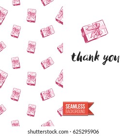 Romantic greeting card for wedding, bridal shower, hen-party. Watercolor style. Seamless pattern background with marriage fashion accessories. Inscription: thank you. Vector template