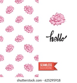 Romantic greeting card for wedding, bridal shower, hen-party. Watercolor style. Seamless pattern background with marriage fashion accessories. Inscription: hello. Vector template