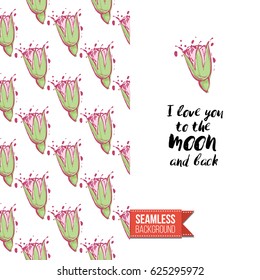 Romantic greeting card for wedding, bridal shower, hen-party. Watercolor style. Seamless pattern background with marriage fashion accessories. Inscription: i love you to the moon and back.