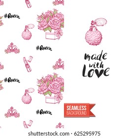 Romantic greeting card for wedding, bridal shower, hen-party. Watercolor style. Seamless pattern background with marriage fashion accessories. Inscription: made with love. Vector template