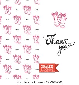 Romantic greeting card for wedding, bridal shower, hen-party. Watercolor style. Seamless pattern background with marriage fashion accessories. Inscription: thank you. Vector template