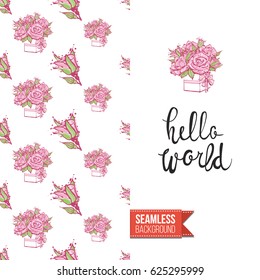 Romantic greeting card for wedding, bridal shower, hen-party. Watercolor style. Seamless pattern background with marriage fashion accessories. Inscription: hello world. Vector template