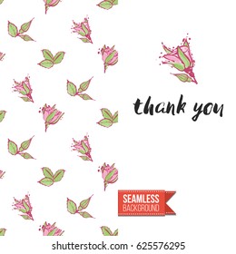 Romantic greeting card for wedding, bridal shower, hen-party. Watercolor style. Seamless pattern background with marriage fashion accessories. Inscription: thank you. Vector template