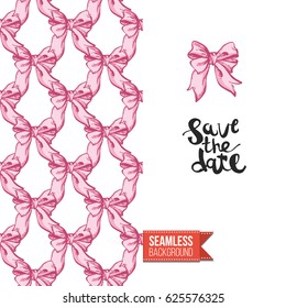Romantic greeting card for wedding, bridal shower, hen-party. Watercolor style. Seamless pattern background with marriage fashion accessories. Inscription: save the date. Vector template