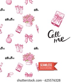 Romantic greeting card for wedding, bridal shower, hen-party. Watercolor style. Seamless pattern background with marriage fashion accessories. Inscription: call me. Vector template