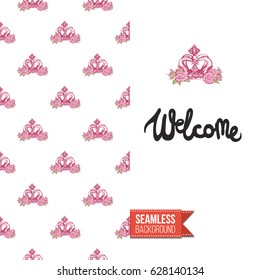 Romantic greeting card for wedding, bridal shower, hen-party. Watercolor style. Seamless pattern background with marriage fashion accessories. Inscription: welcome. Vector template