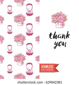 Romantic greeting card for wedding, bridal shower, hen-party. Watercolor style. Seamless pattern background with marriage fashion accessories. Inscription: thank you. Vector template