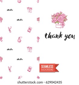 Romantic greeting card for wedding, bridal shower, hen-party. Watercolor style. Seamless pattern background with marriage fashion accessories. Inscription: thank you. Vector template