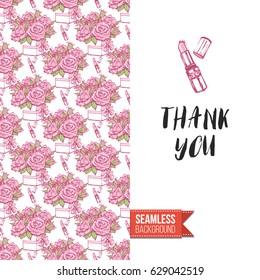 Romantic greeting card for wedding, bridal shower, hen-party. Watercolor style. Seamless pattern background with marriage fashion accessories. Inscription: thank you. Vector template