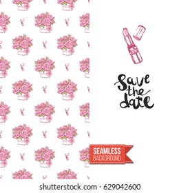 Romantic greeting card for wedding, bridal shower, hen-party. Watercolor style. Seamless pattern background with marriage fashion accessories. Inscription: save the date. Vector template