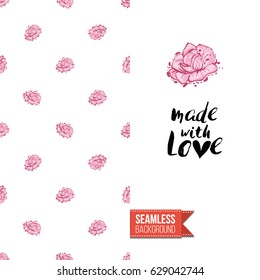 Romantic greeting card for wedding, bridal shower, hen-party. Watercolor style. Seamless pattern background with marriage fashion accessories. Inscription: made with love. Vector template