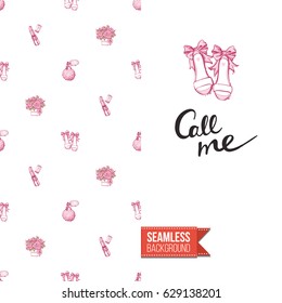 Romantic greeting card for wedding, bridal shower, hen-party. Watercolor style. Seamless pattern background with marriage fashion accessories. Inscription: call me. Vector template
