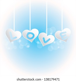romantic greeting card with the word  Ã¢Â?Â?L O V EÃ¢Â?Â� in blue background