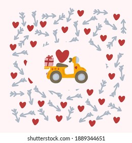 Romantic greeting card with yellow transportation. Picture with romantic elements of red hearts and arrows. Cartoon Doodle Hearts, Favorite, Love, Flower delivery, gift box. Collection for Valentine's