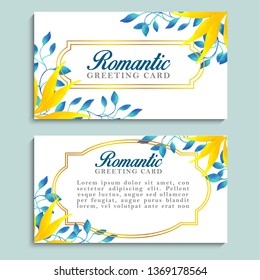 Romantic greeting cards with blue and yellow foliage and golden frame