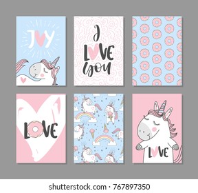 Romantic greeting cards with cute unicorns. Hand written text.