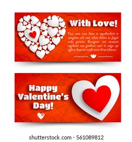 Romantic greeting horizontal banners with text and white hearts composition on red crumpled paper isolated vector illustration