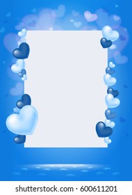 Romantic greeting lovely poster with blue hearts and white blank paper sheet on light background vector illustration