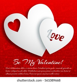Romantic greeting poster with text white paper hearts on red icons seamless pattern vector illustration