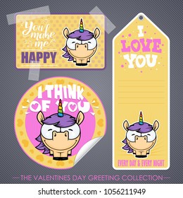 Romantic greeting set. Vector elements with lovely unicorn characters.