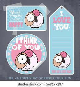 Romantic greeting set. Vector elements with lovely animal characters.