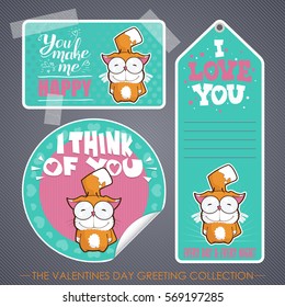 Romantic greeting set. Vector elements with lovely animal characters.