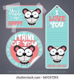Romantic greeting set. Vector elements with lovely animal characters.