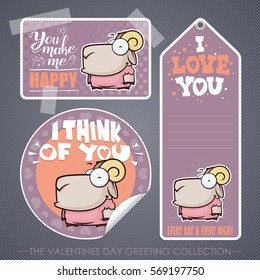 Romantic greeting set. Vector elements with lovely animal characters.
