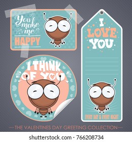 Romantic greeting set. Vector elements with lovely ant characters.