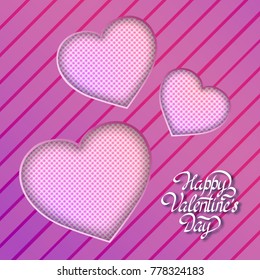 Romantic greeting template with text and cut out light hearts on striped background vector illustration