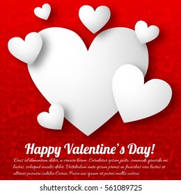 Romantic greeting template with text white hearts on red icons seamless pattern vector illustration