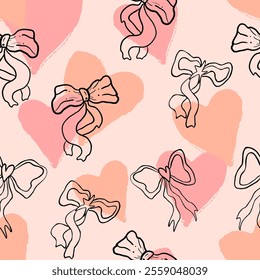 Romantic Groovy background with bows and Sketch hearts. Simple minimalistic design for weddings, valentine's day. Trendy fancy illustration in 70s vintage style.	