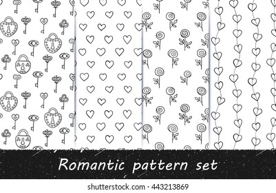 Romantic grunge line art pattern set. Vector hand drawn seamless patterns. Black and white backgrounds with lines, hearts, keys, locks and roses. Series of Hand Drawn and Simple Seamless Patterns.