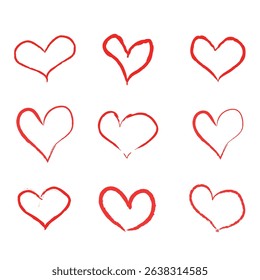 Romantic Grunge Red Line Heart Icon Set for Love Themed Designs, Love and Romance Symbols.