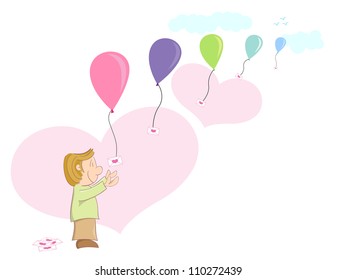 Romantic guy sending love letters with balloons.