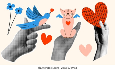 Romantic halftone collage with hands, bird, cat, heart. Valentine's Day vector design elements