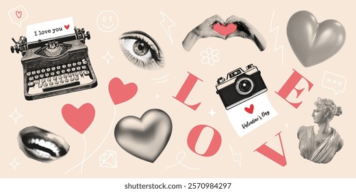 Romantic halftone collage. Typewriter, heart shapes, vintage camera, Greek statue, and love themed elements. Ideal for Valentine's Day, romantic designs, or retro inspired projects.