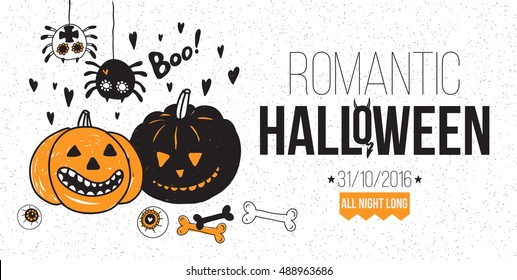 Romantic Halloween party poster, flyer, web banner design with typography. Funny vintage concept with hand drawn illustration. 