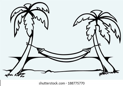 Romantic hammock between palm trees. Isolated on blue background